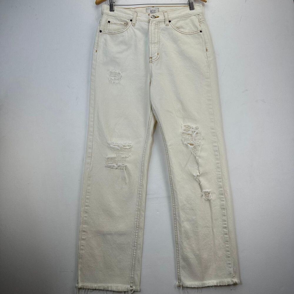 Urban Outfitters BDG Distressed Cream Cowboy Jeans High Rise Relaxed Fit Size 30